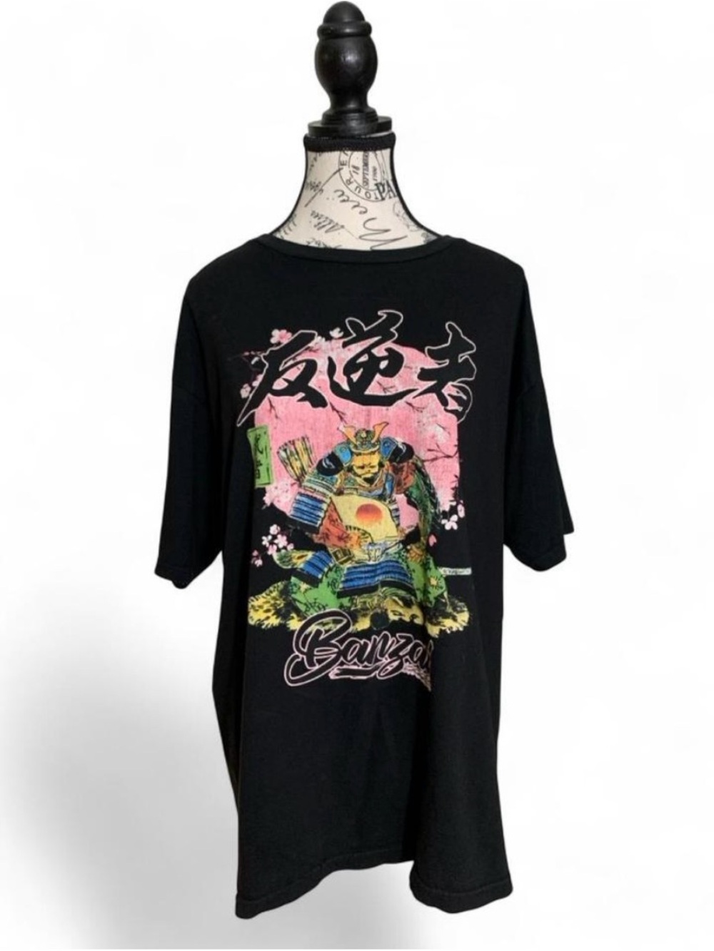 Men's Samurai Graphic Print Tee Black XL 100% Cotton Crew Neck Short Sleeve